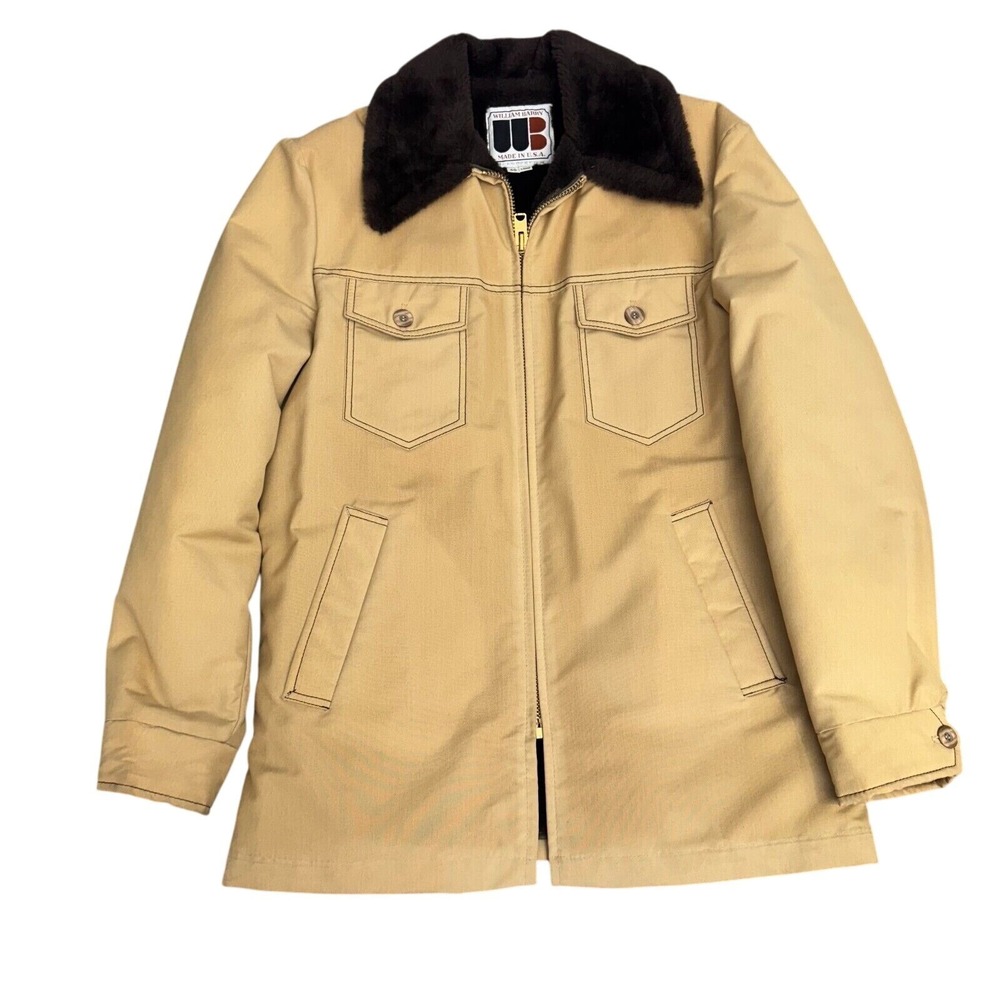 VTG 70s Men's 40 Medium William‎ Barry Tan Poplin Barn Jacket Faux Fur Lined MOD